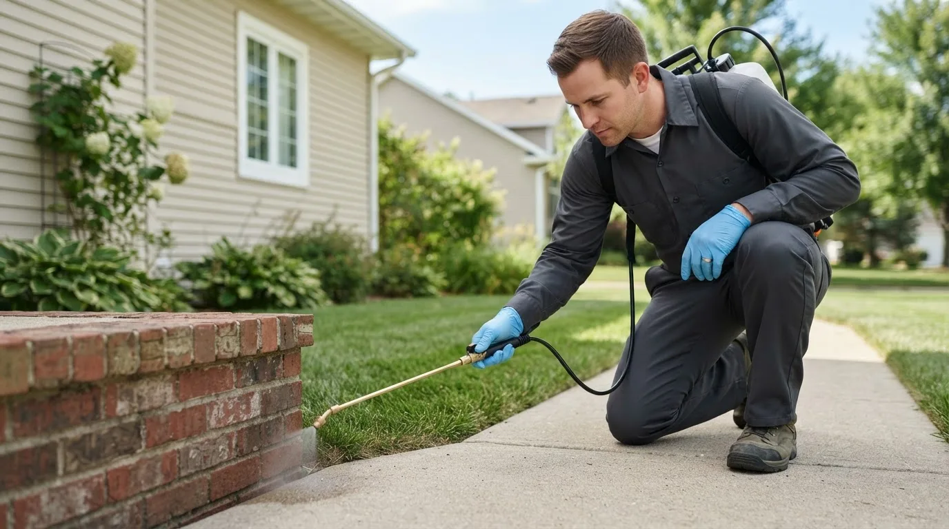 Pest control technician treating a home near Mingoville, PA